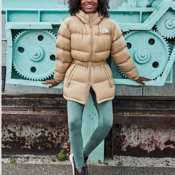 the north face women's nuptse belted mid length jacket khaki